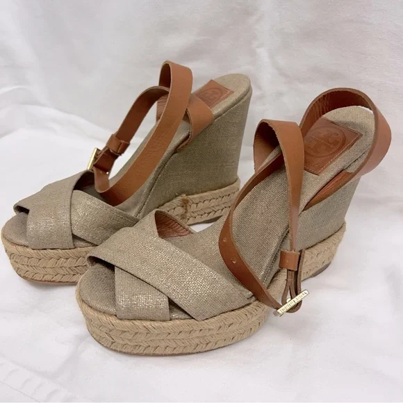 Tory Burch gold canvas wedge espadrilles with camel colored leather ankle strap - Picture 2 of 9